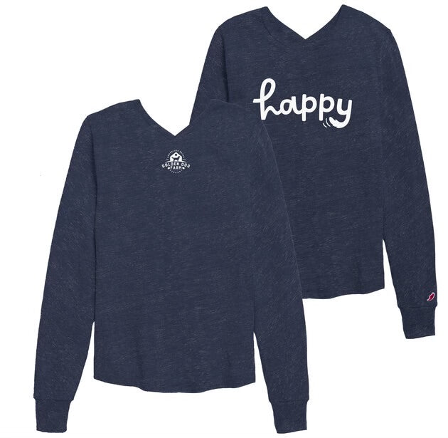 Women's Happy Long Sleeve V-Back Crew - Golden Dog Farm LLC