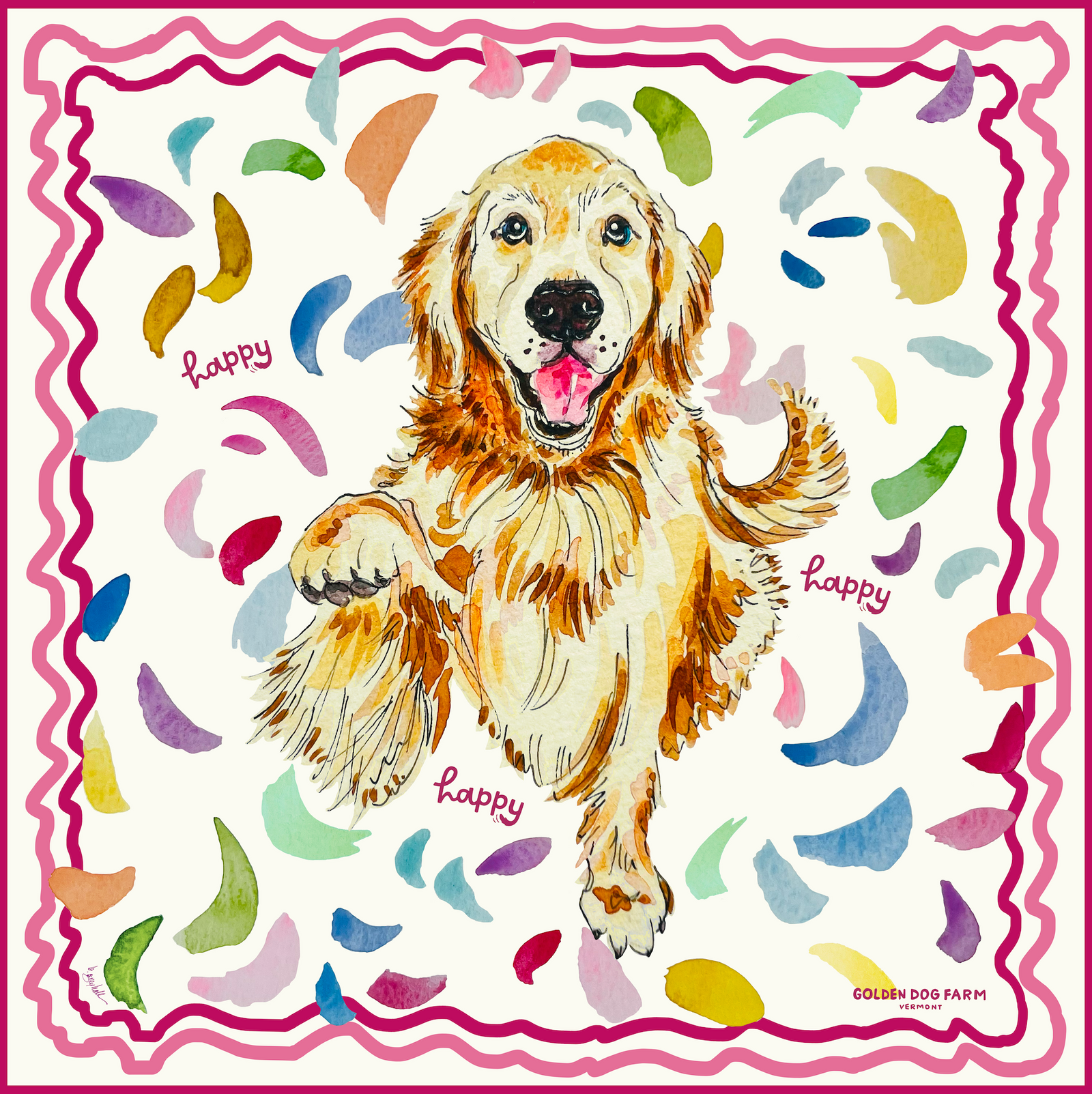 Illustrated Happy Silk Scarf 38"x38"