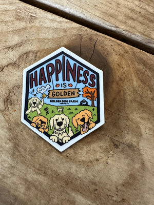 happiness is golden small badge sticker with golden retrievers at golden dog farm