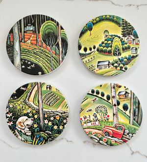 Deluxe Farm Mural Ceramic Coaster Set with Maple Holder