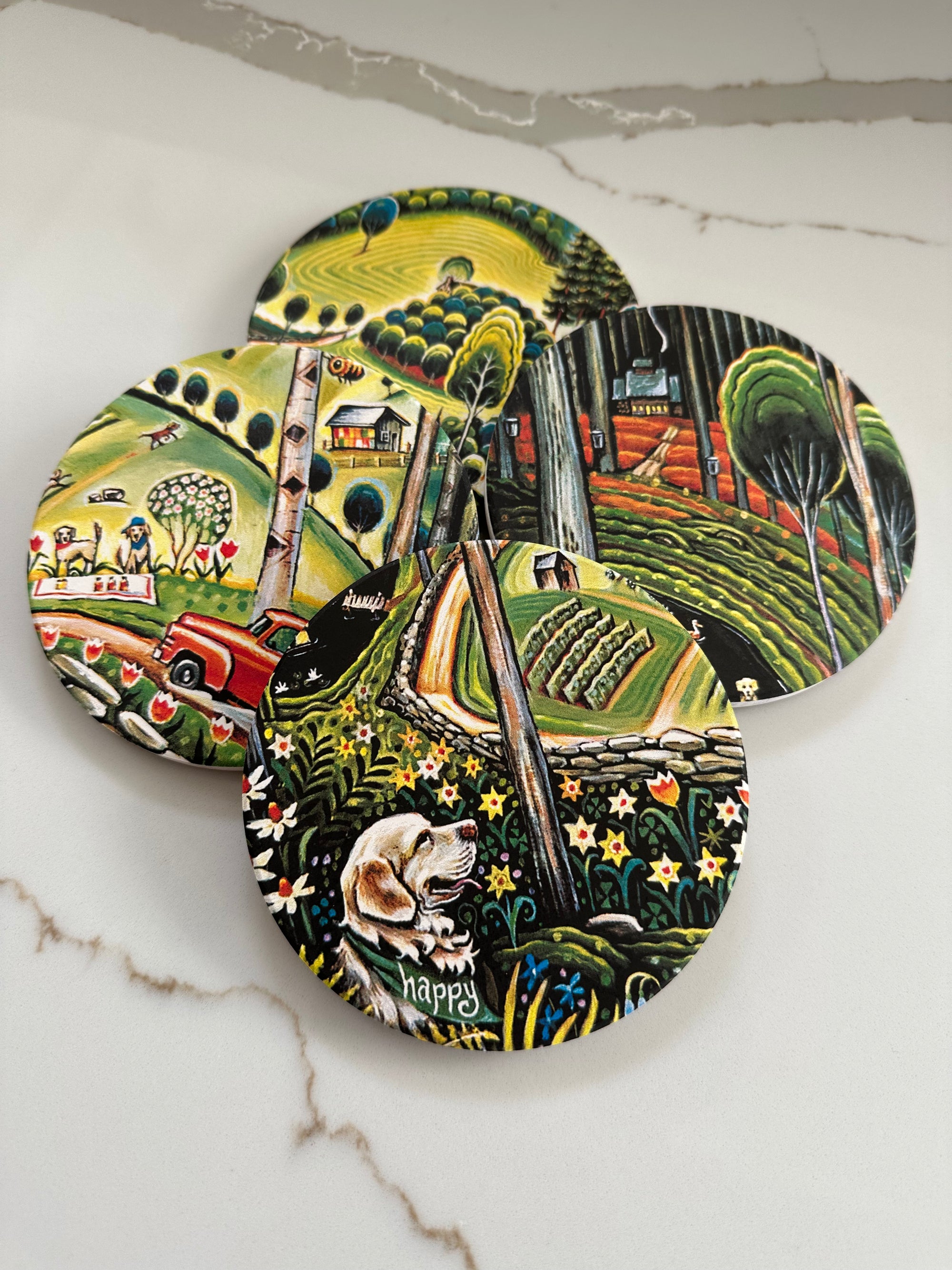 Deluxe Farm Mural Ceramic Coaster Set with Maple Holder - Golden